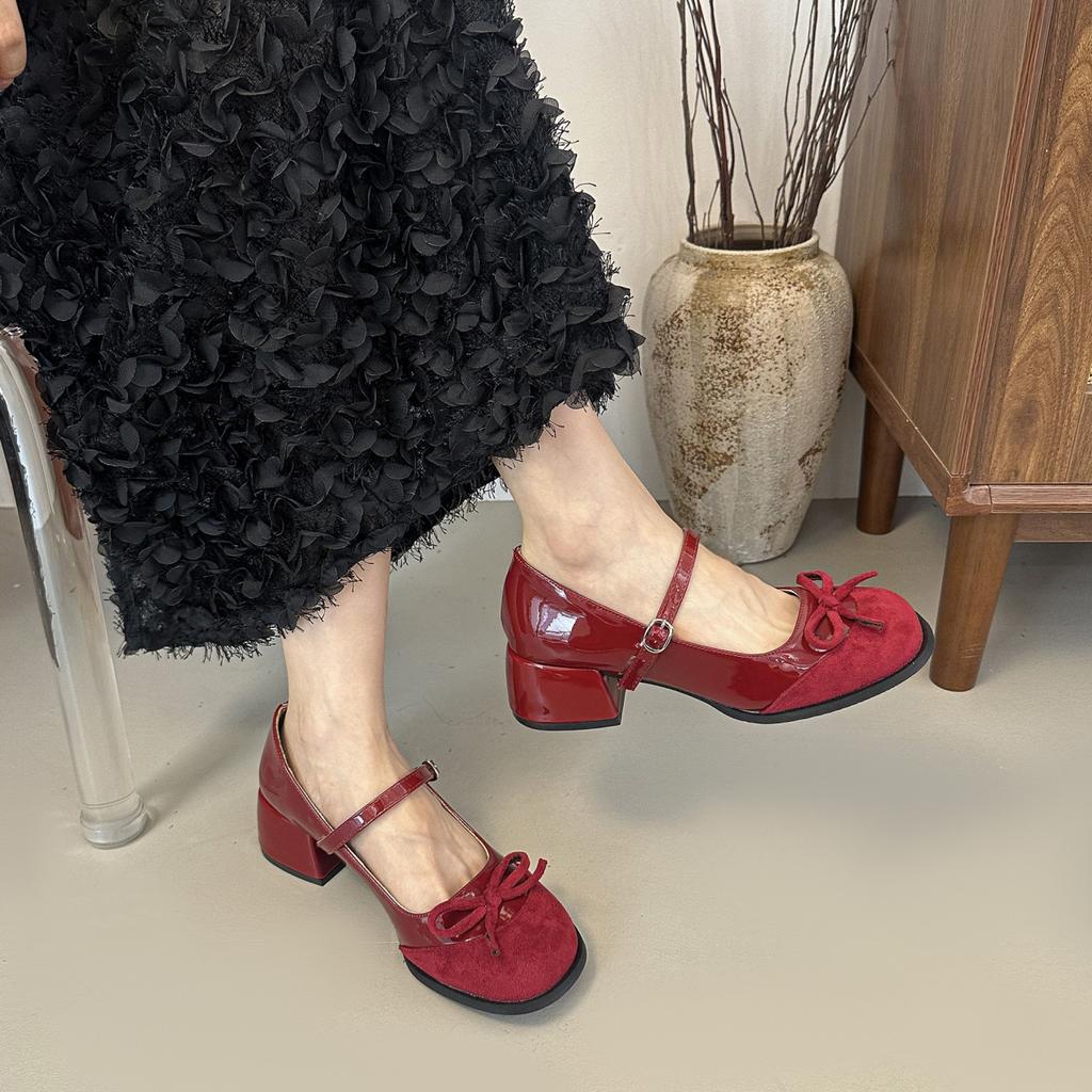 French Retro Color Matching Thick Heel Increased Mary Jane Shoes Women's 2025 Summer New One-word Buckle with Bow Single Shoes