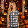 Damen V-Ausschnitt Kurzarm Kasack mit Taschen Halloween-Print Pflegekraft Uniform