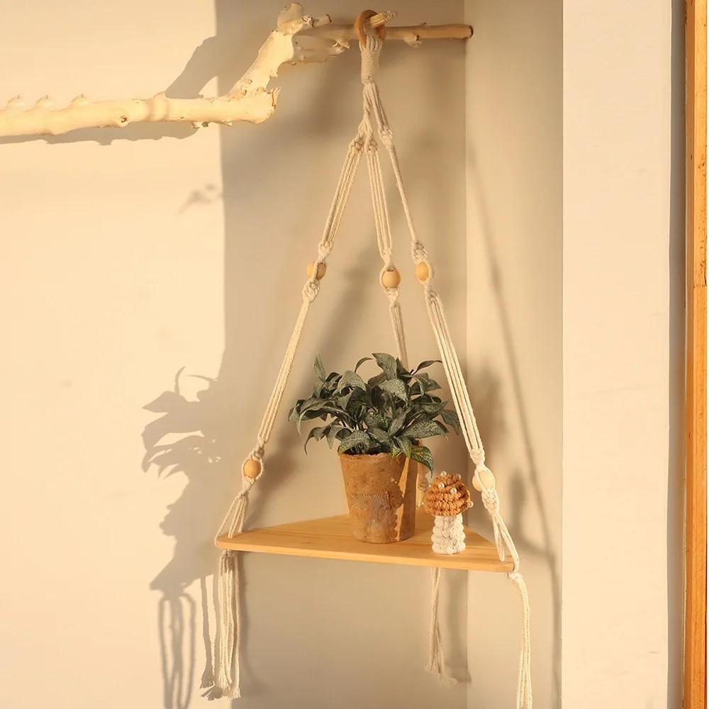 Corner Shelf Macrame Wall Hanging Wood Floating Shelves Rustic Boho Wall Shelf Decor Storage Rack for Plants Pots Photo Frames