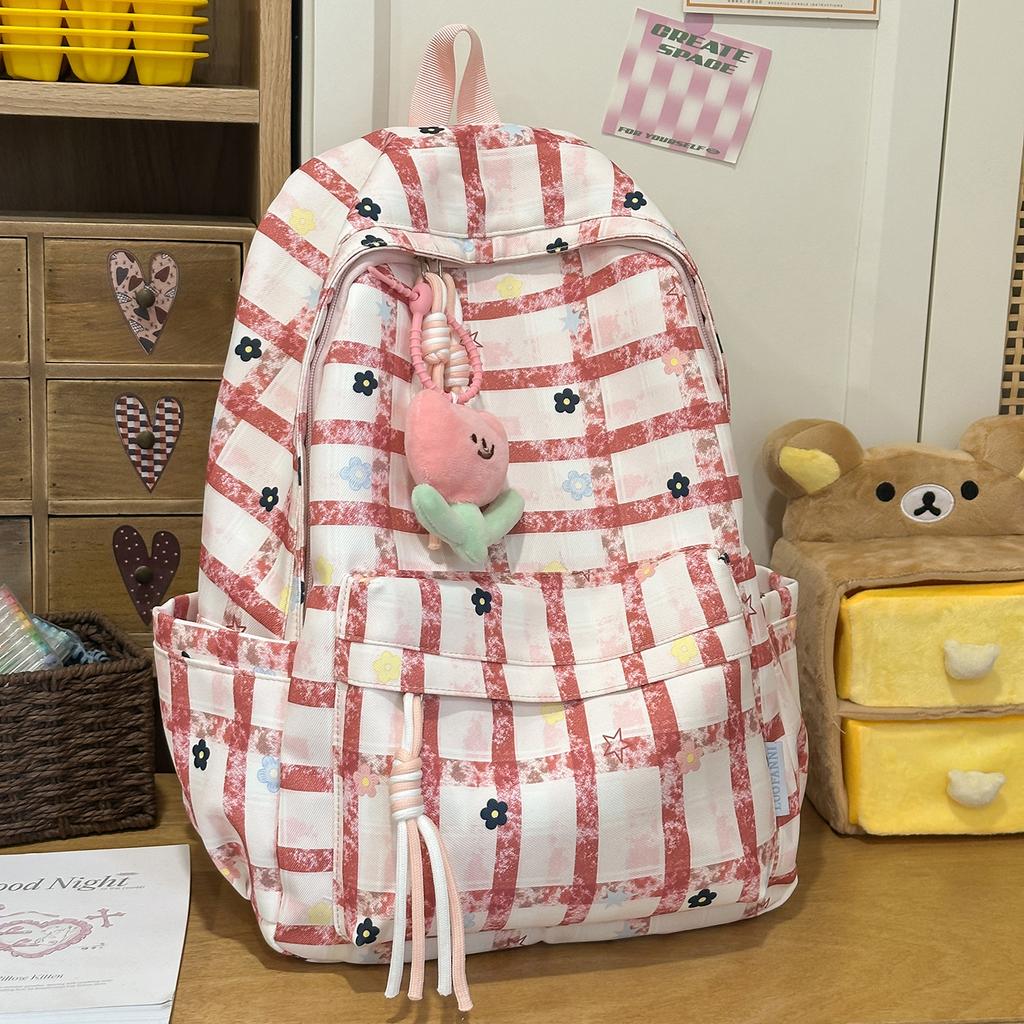 Schoolbag Campus Style Plaid Sweet Backpack Female Large Capacity Foreign Style Small Flower Korean Student School Bag Fresh Versatile Backpack