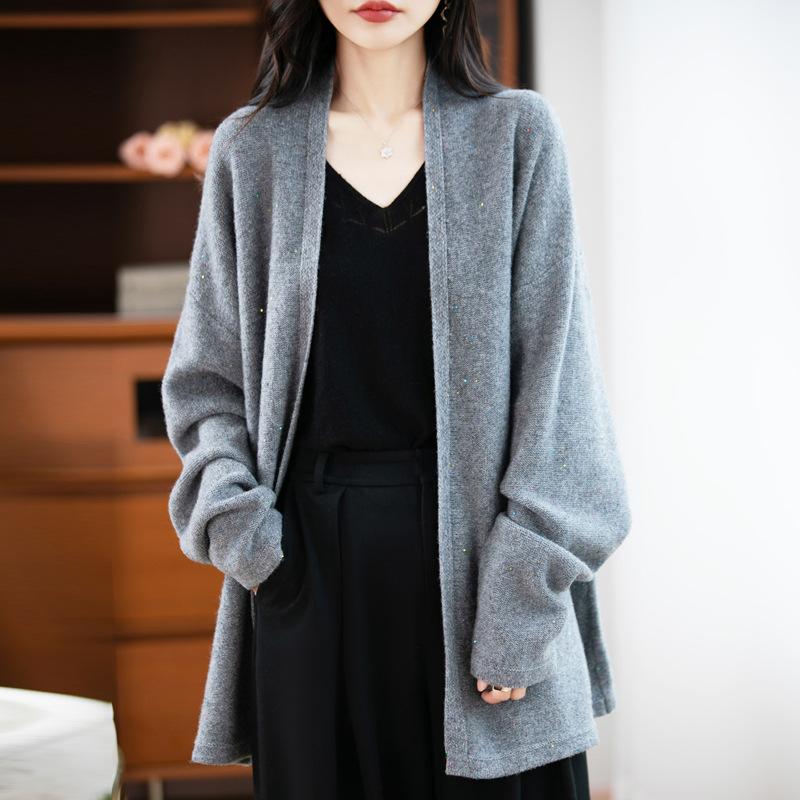 Korean Version Loose Lazy Wind Wool Cardigan Jacket Women'S Autumn And Winter New Bead Yarn Wool Knitted Sweater Women'S