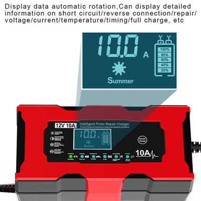 Car and RV Jump Starter Battery Charger 12V 10A Smart Charging Alligator Clip Charger LCD Display For Lifepo4 Lead Acid AGM GEL