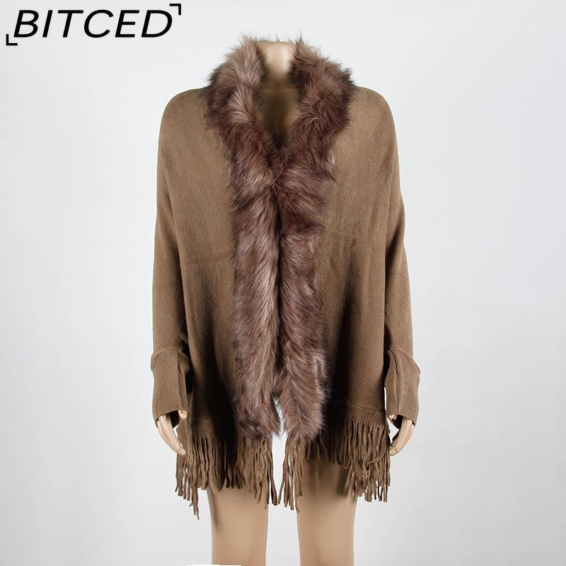 BITCED Fall/Winter Fringe Cape Shawl with Fur Collar Solid-Color Knit Sweater Jacket