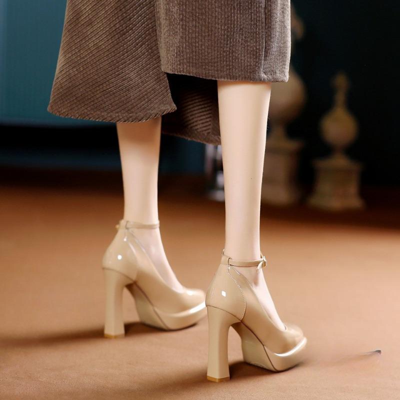 Women's Super High Heel Shoes Autumn New Square Head Shallow Mouth Waterproof Platform One Line Buckle Heels