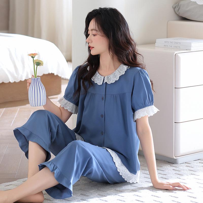 pure cotton pajamas women's summer short-sleeved eight-point pants thin summer women's 1011 new high-end summer loungewear