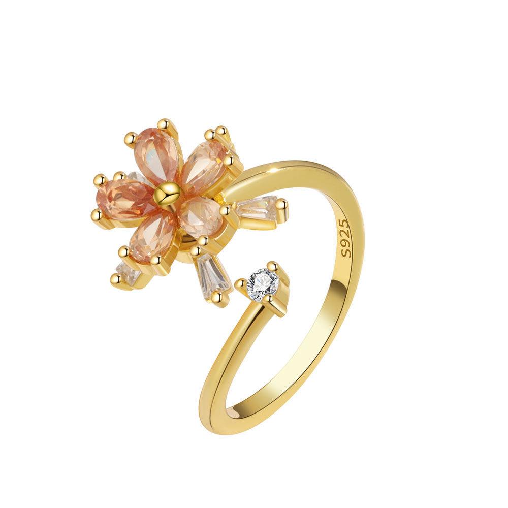 Flower Zirconia Rotating Ring With Adjustable Size For Stress Relief And Trendy Women