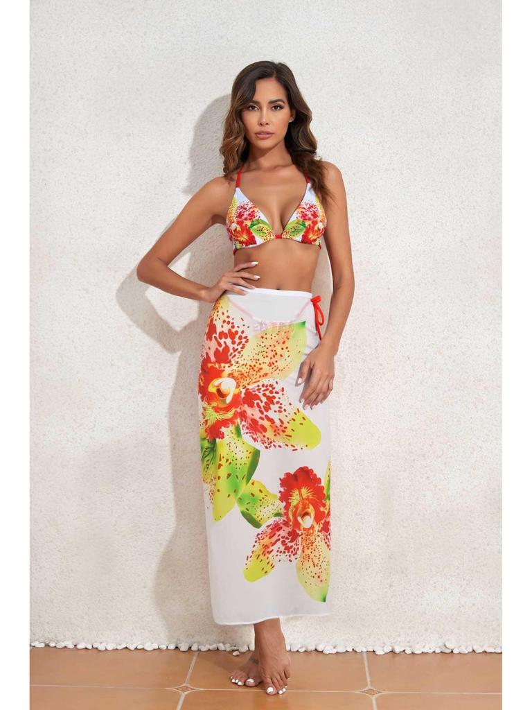 2026 European & American Printed Backless Bikini Three-Piece Set with Long Gauze Skirt