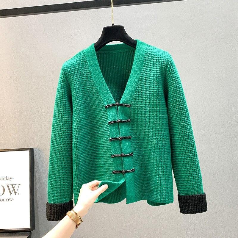 

Cheongsam вязаный кардиган на пуговицах, женский весенний свитер 2022, свитер с длинными рукавами, повседневный кардиган с v-образным вырезом, женские топы One Size зелёный