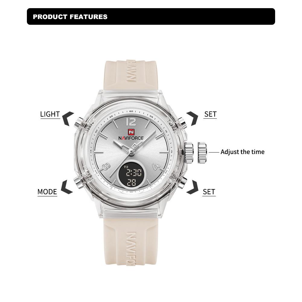 Naviforce Women Watch Quartz Pointer Dial LCD Digital Display Chronograph Luminous Waterproof Silicone Strap Unisex Men Women Watch NF7109