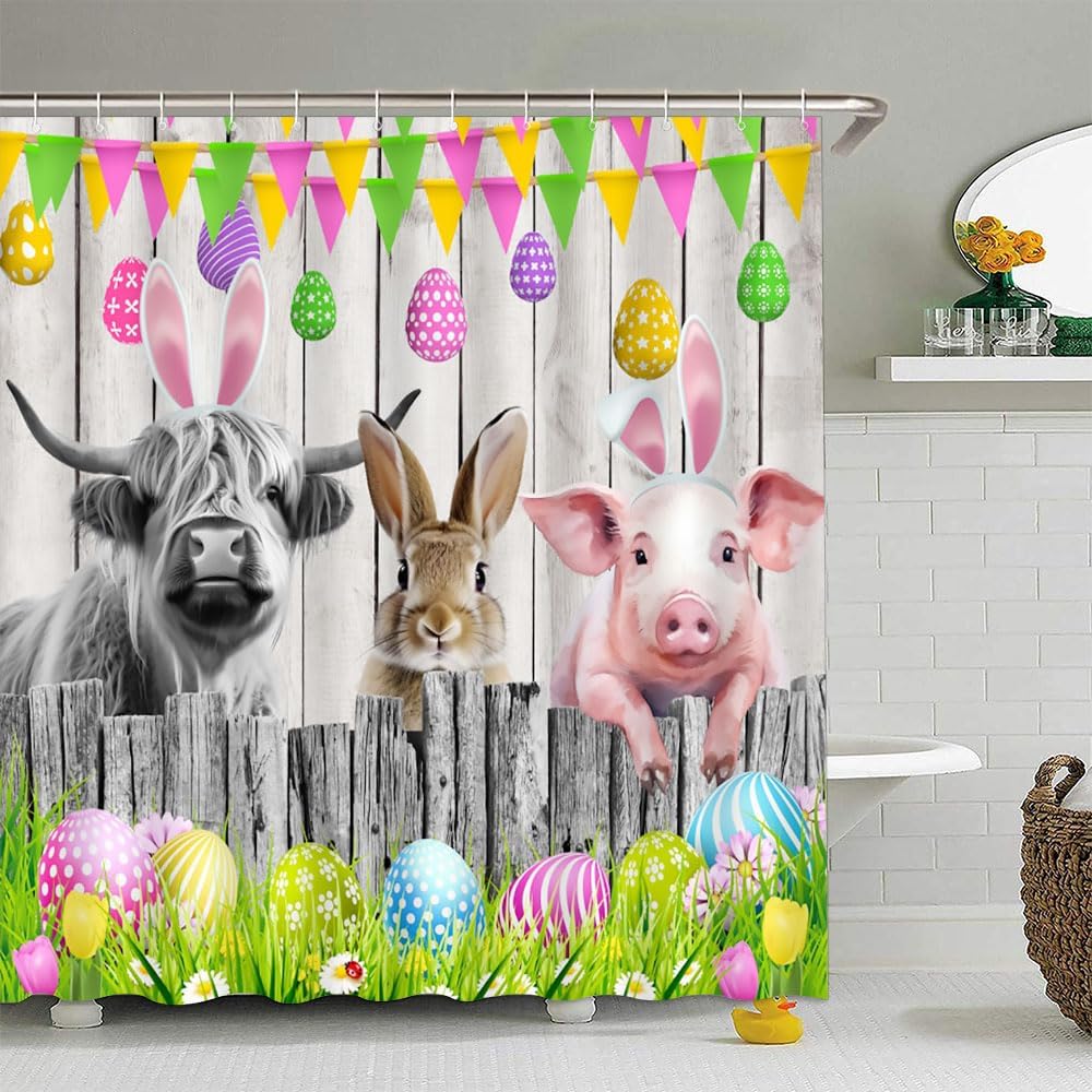 Easter Farmhouse Shower Curtain Bunny Colorful Eggs Rabbit Cute Rustic Animal Cow Pig Spring Holiday Vitange Wooden Plank Bull Bathroom Curtain Set
