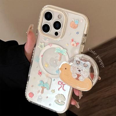 Glitter Summer Puppy Magnetic Stent for 16promax Transparent IPhone 15 Mobile Phone Case 14 Anti-fall 11 Soft