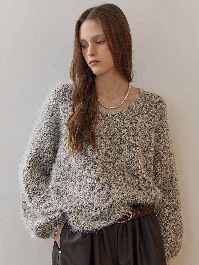 MAXZA Sequin Mix Hairy Loose Fit V-Neck Knit