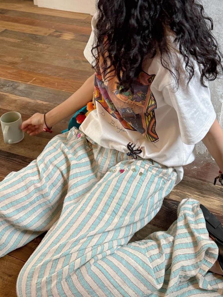 Damen Mintgrüne Gestreifte Baumwolle Leinen Weitbein Hose - Neu Lässig Locker