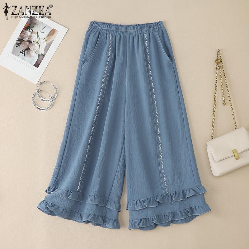 ZANZEA Womens Casual Loose Summer Wide Leg Cropped Pants