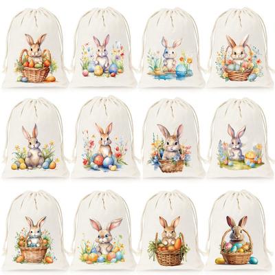 12pcs Easter Burlap Candy Bags Bunny Pattern Linen Treat Gift Bags for Easter Kids Cookies Snack Pack Bags Party Decorations