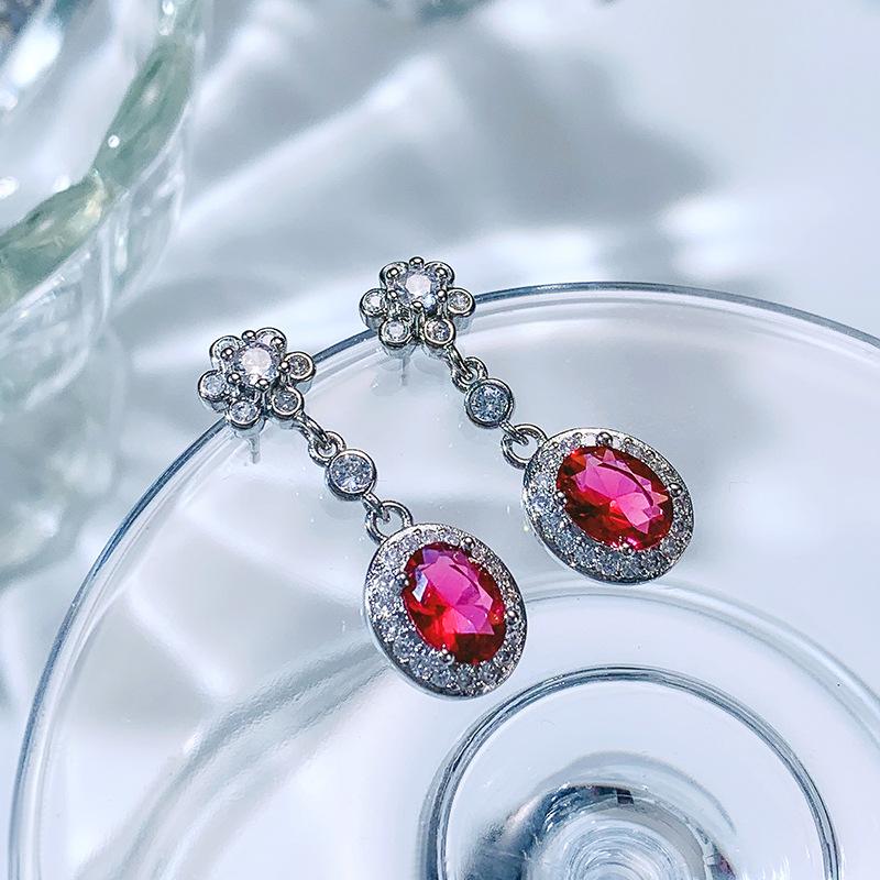 Fashion Temperament Water Drop Red Corundum Gemstone Color Treasure Earrings Female S925 Silver Ornaments Mother's Day Gift