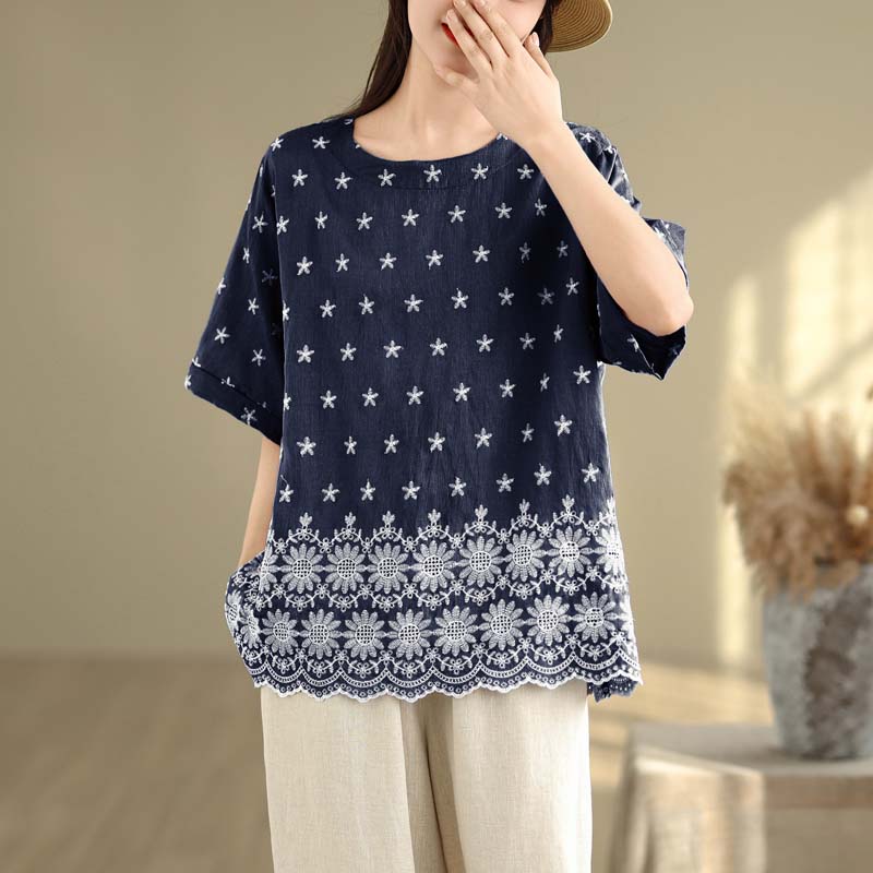 DIMANAF 2025 New Summer Women Plus Size T-Shirt Short Sleeve Loose Basic Casual Tops Floral T-Shirt Vintage