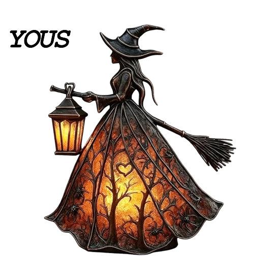 Gothic Home Decor Light Halloween Witch Lantern, Resin Tabletop with Warm Glow, Spooky Centerpiece Lantern Decoration for Shelf Desk