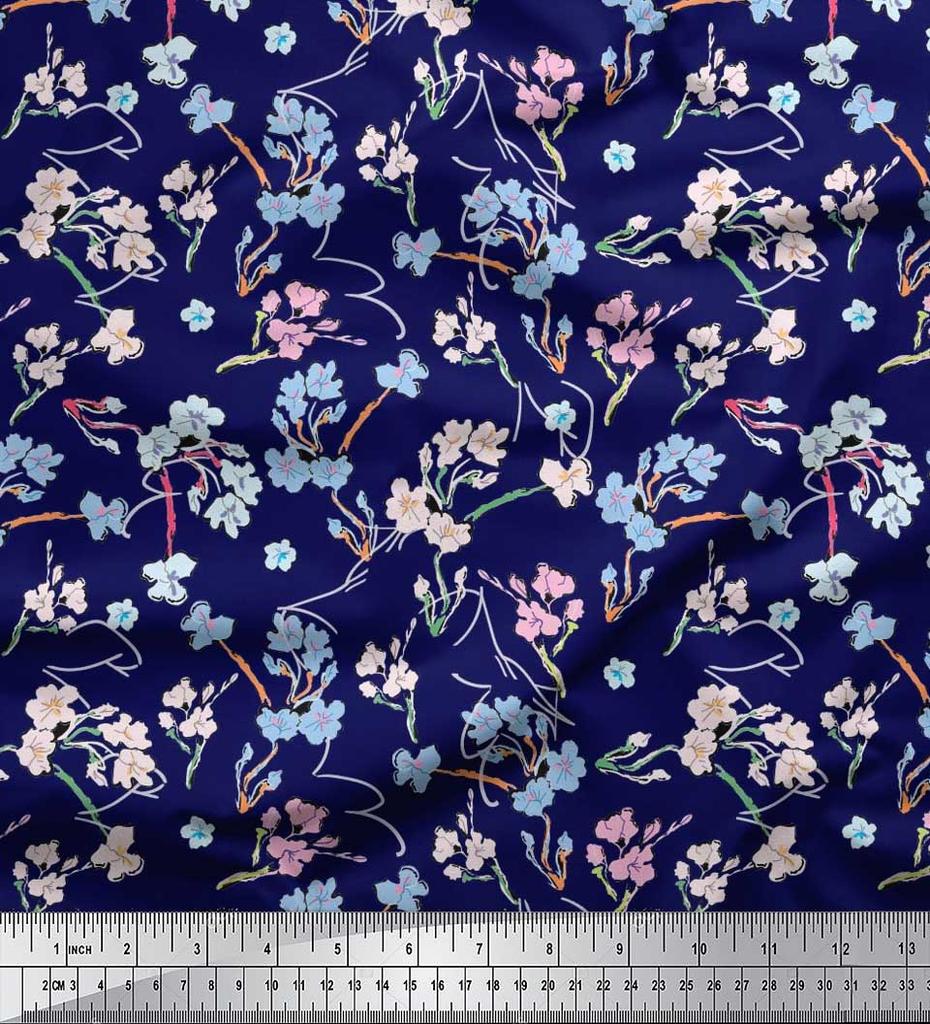 Soimoi Japan Crepe Satin Fabric Artistic Floral Print Fabric by metre 42 Inch