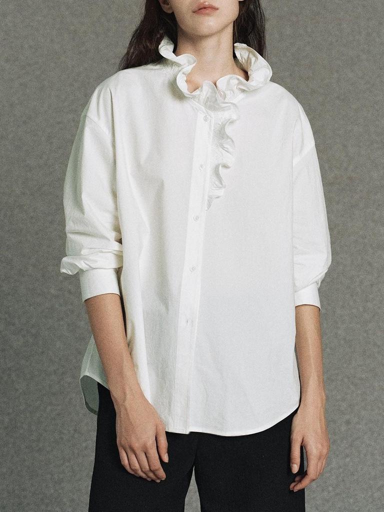 GUOE 100% Cotton Baroque Ruffle Lace Collar Shirt