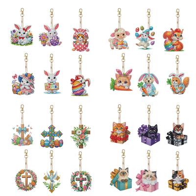 6 Pièces Double Face Forme Spéciale Chat Strass Peinture Porte-clés Pendentif Peinture Diamant Art Porte-clés Pendentif Bricolage Décoration