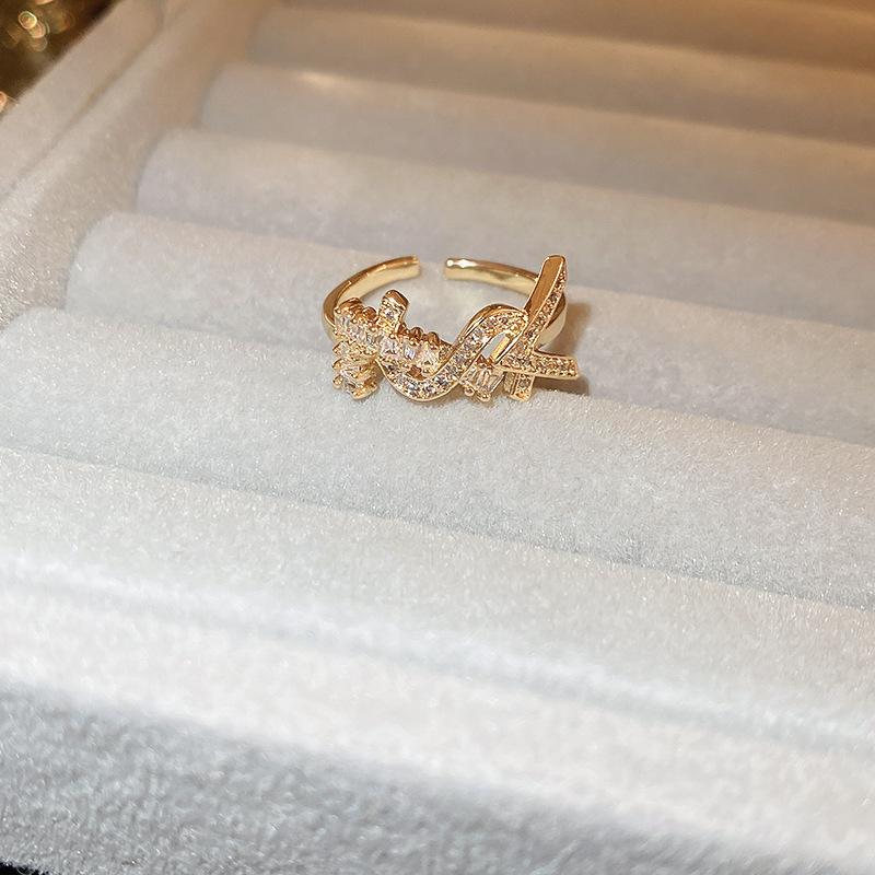 Korean light luxury zircon letter opening ring, simple and versatile index finger ring, personality temperament cold style jewelry