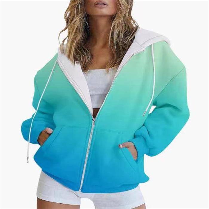 Women s Sweatshirt Autumn Gradient 3D Printed Casual Long Sleeve Zipper Hooded Sweatshirt Clothes Sale S