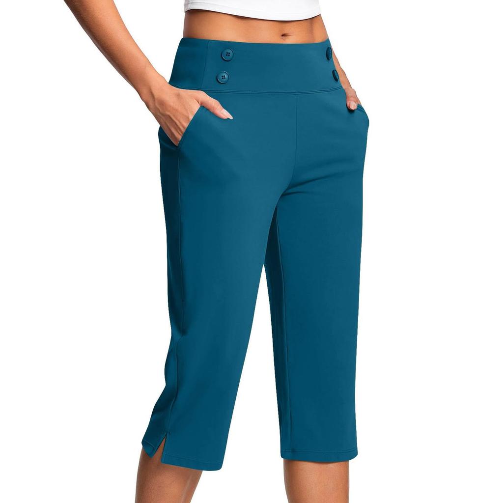 Women's Fashionable Solid Color Button Pocket Pants With Split Hems High Waist Sports Yoga Casual Cropped Pants