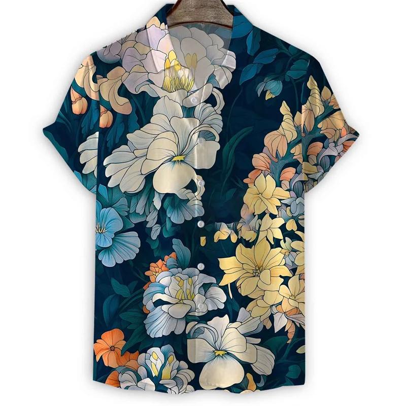

Модная рубашка с 3D-принтом и цветочным принтом на лацканах для мужчин, летние рубашки с короткими рукавами в цветочном стиле, свободная блузка с пуговицами для улицы, топы, одежда XL