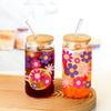 16oz Pink Purple Flower Pattern Clear High Borosilicate Drinking Glass Can With Lid And Straw Juice Coffee Bottles Summer Gift