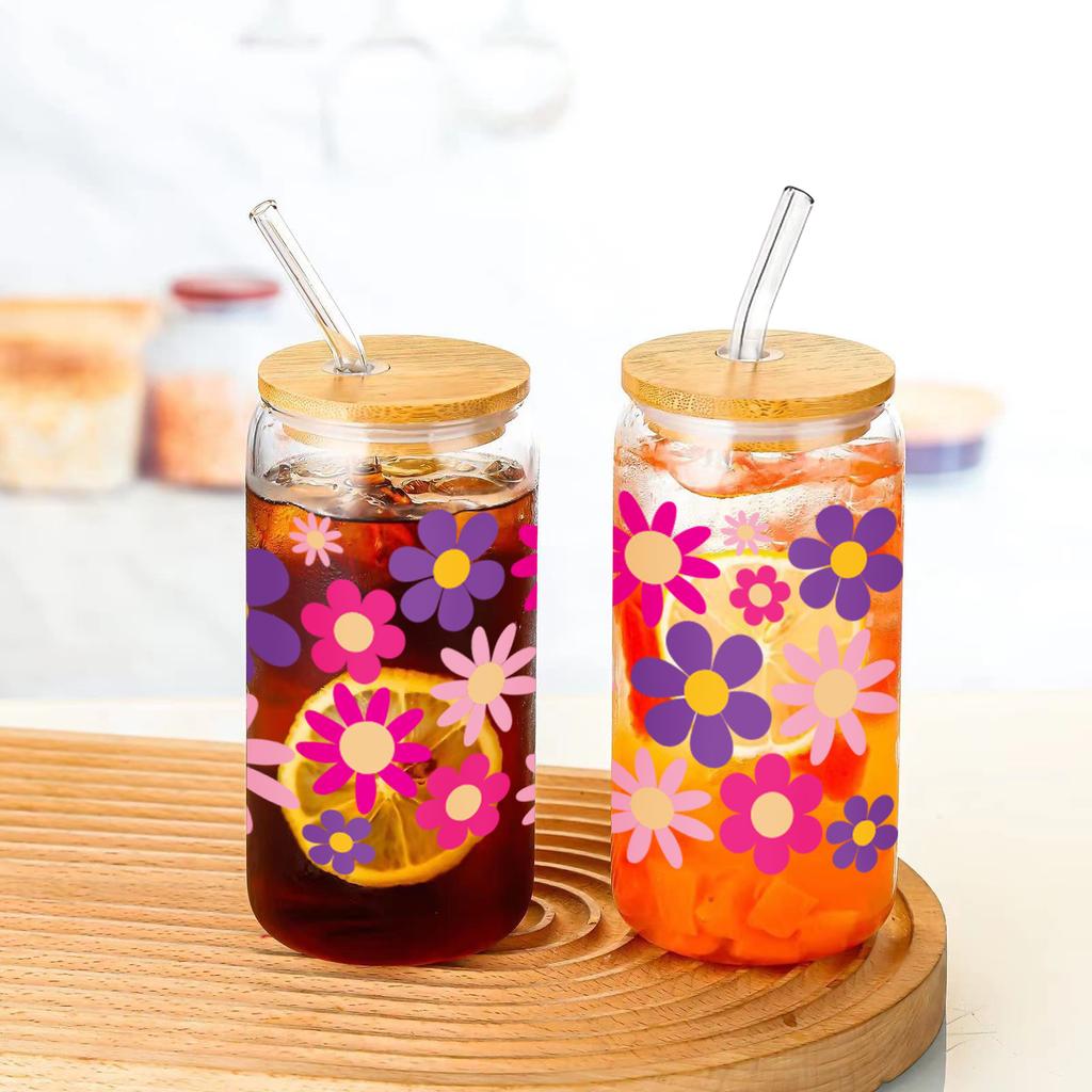 16oz Pink Purple Flower Pattern Clear High Borosilicate Drinking Glass Can With Lid And Straw Juice Coffee Bottles Summer Gift