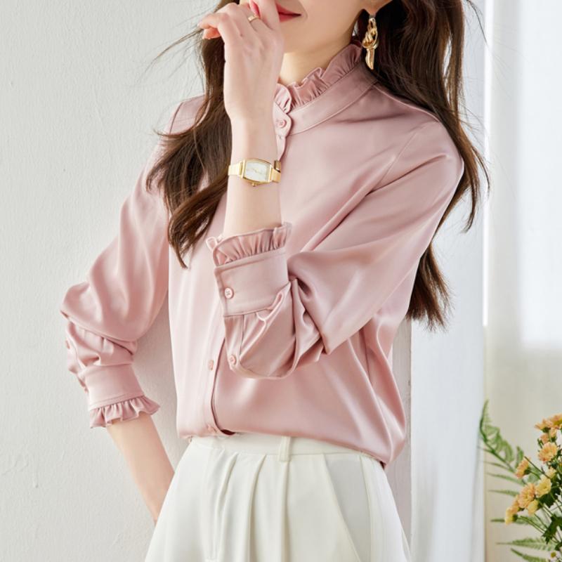 Spring New Long Sleeve Elegant Women Shirts Autumn Button Up Solid Ruffles Collar Women Casual Blouses Tops Fashion Vintage Office Ladies Shirt 26080