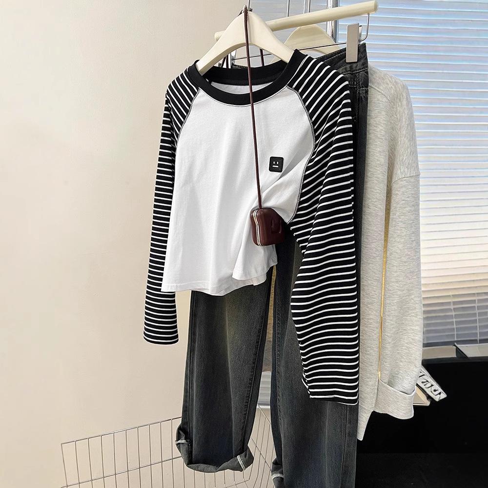 

Women s Retro Striped Raglan Long Sleeve T-shirt - Spring Base Layer Loose Top L