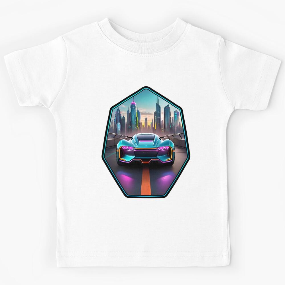 Cyberpunk Racing Sports Car With City Skyline Kids T-Shirt 100