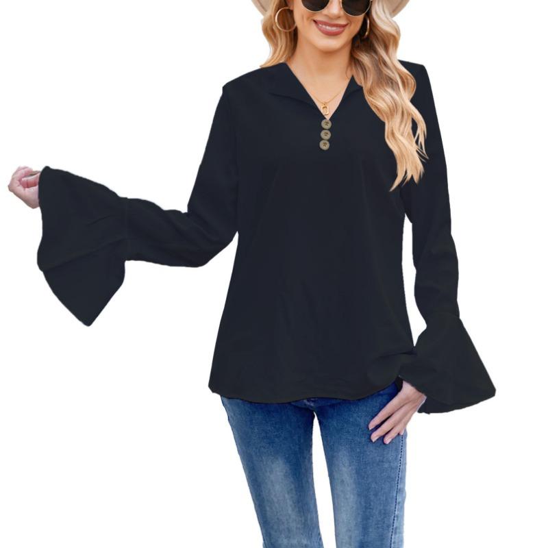 Damenmode, lässig, einfarbig, langärmelig, V-Ausschnitt, Blusen und Hemden