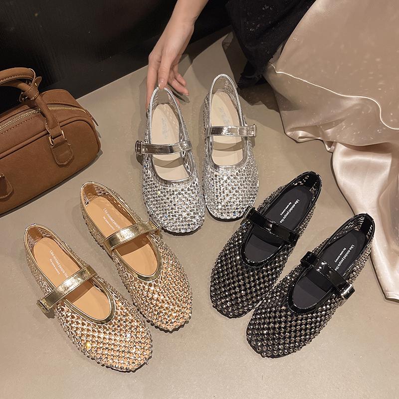 Fashion Luxury Crystal Rhinestone Fishnet Ballet Flats Woman Brand Design Rivet Mesh Mary Jane Shoes Ladies Summer Loafers Plus Size 40