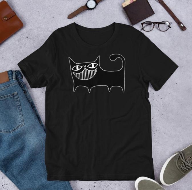 

Cute Abstract Black Cat Line Art T Shirt Minimalist Grinning Cat Design Shortsleeved Tee Aesthetic Casual Top for WomenGirls S