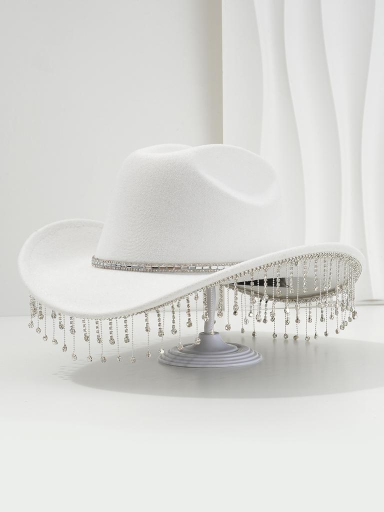 Cross-border Popular Women's Unique Sweet Top Hat Square Point Diamond Hat Chain with Rhinestone Tassel Suitable for Music Parties