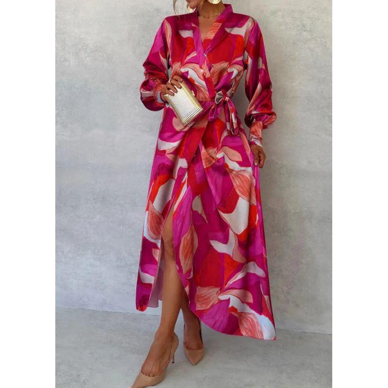 European and American Long Sleeve Print V-neck Lace-up Split Long Sleeve Vacation Dress Women Holiday Dress Women