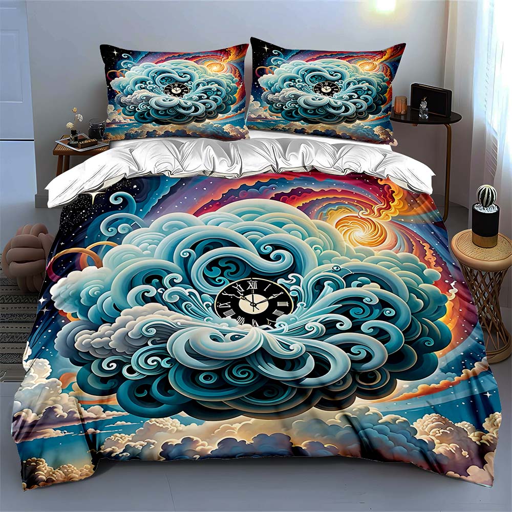 Swirling cloud clock Bedding Duvet cover sets Duvet covers Pillowcases gifts (1 * Duvet Cover 2 * Pillowcases, without duvet insert)