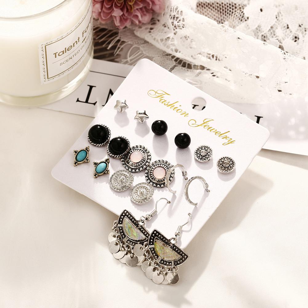 9Pairs/Set Women Retro Elegant Alloy Bright Fashion Earrings