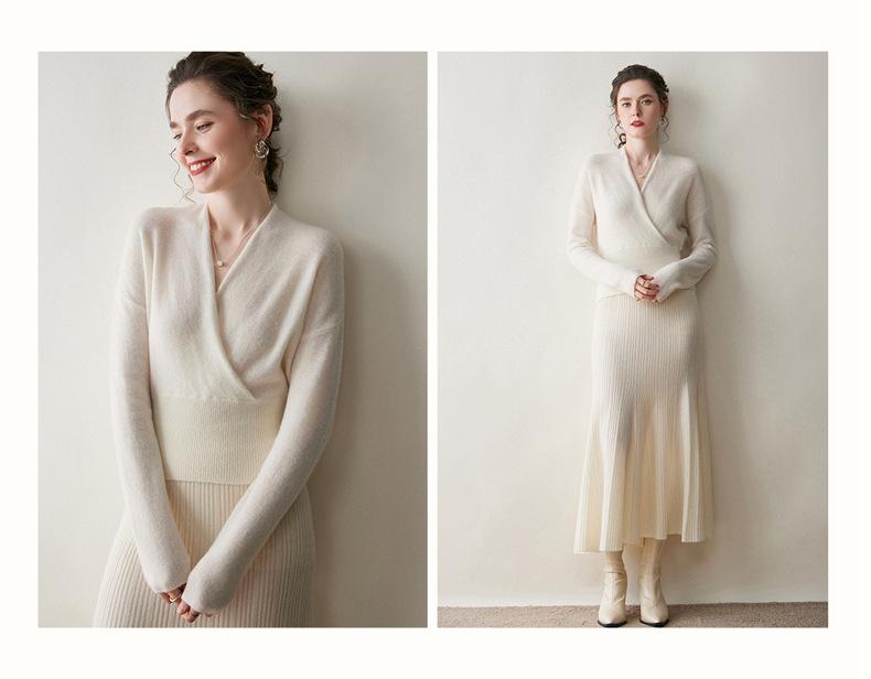 Women's Cross V-Neck Cashmere Sweater - 2026 Autumn/Winter French Robe Style Knit Outerwear