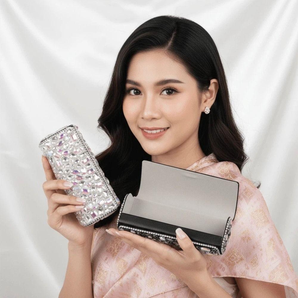 Portable Rhinestone-inlay Glasses Case Leather Shiny Crystal Black Glasses Organizer Anti-lost Magnetic