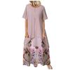 Women Vintage Fake Two Piece Dress Floral Print Short Sleeve  Long Dress
