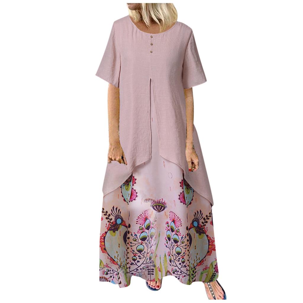 Women Vintage Fake Two Piece Dress Floral Print Short Sleeve  Long Dress