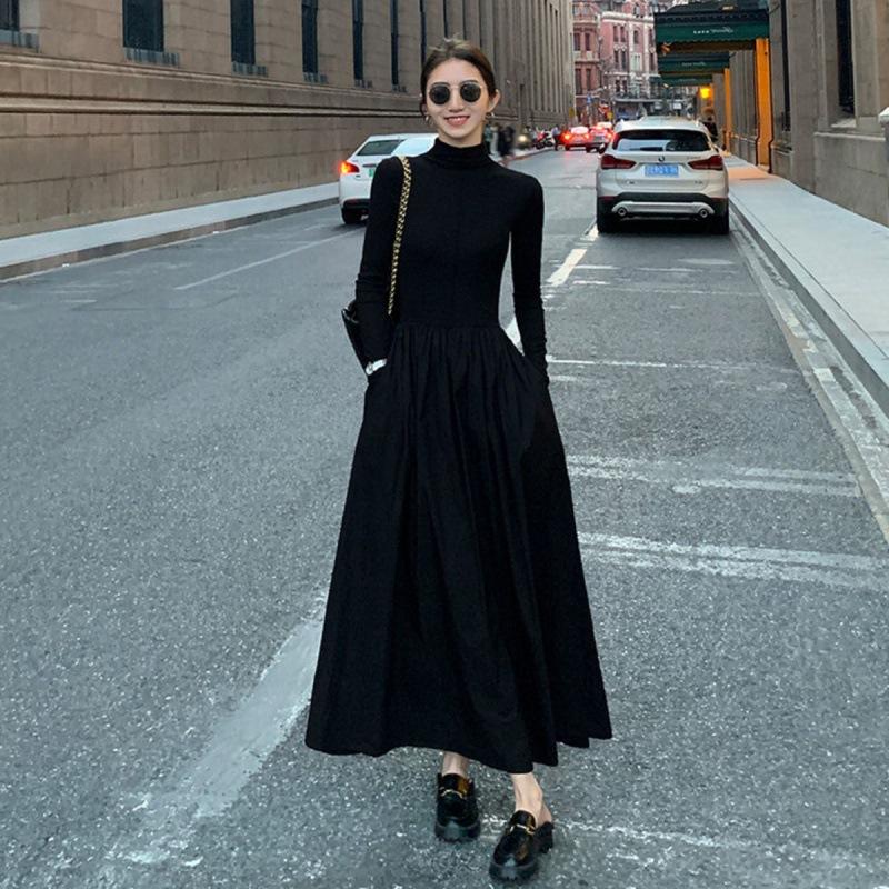 

Платье с высоким воротником Французское платье Длинная юбка Черное платье Хепберн с длинными рукавами Осеннее и зимнее платье L чёрный