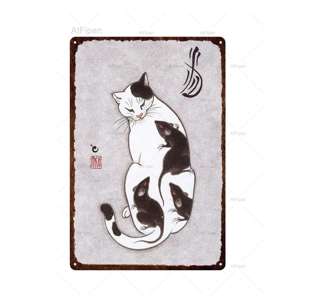 Vintage Japanese Samurai Cat Tin Sign  Retro Metal Wall Art for Home Decor  xCM  Unique Animal Tattoo Design