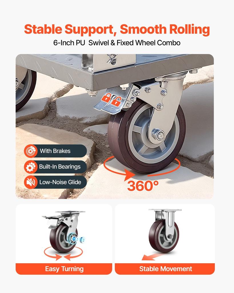 Platform Truck, 1202.02 kg Capacity, Heavy Duty Flatbed Cart Dolly with Detachable Guardrail and Swivel Wheels, Foldable Hand Push Truck, for