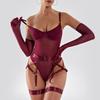 Sexy One-piece Underwear, Fun, Ultra-thin Mesh Straps, Splicing Leg Rings, Gloves, Bra Four-piece Set
