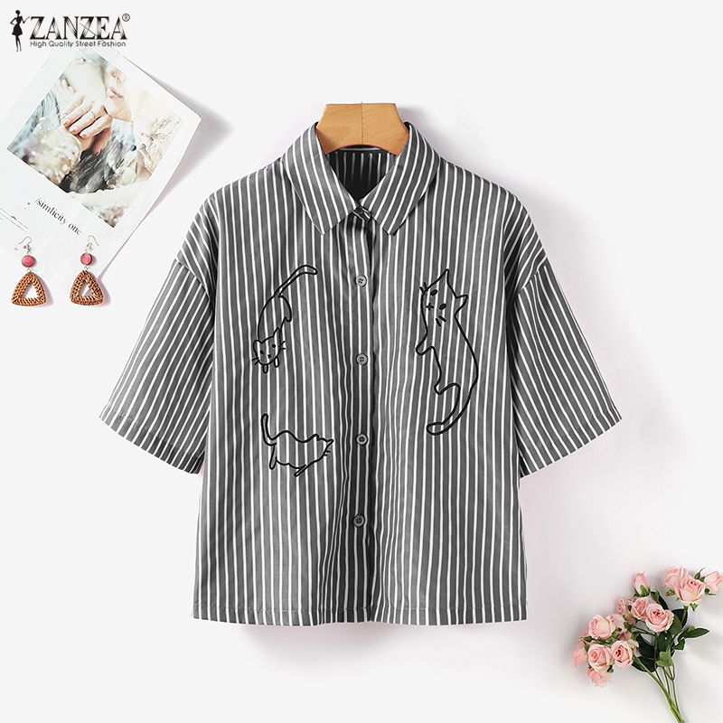 ZANZEA Women Turn Down Collar Loose Casual Short Sleeve Stripe Blouse